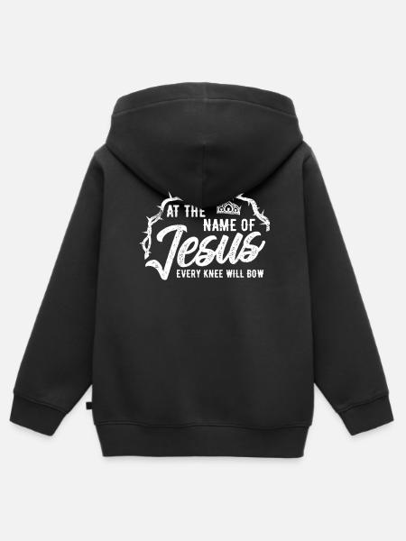 Por el nombre de Jesús, todas las rodillas se doblarán - Sudadera Premium con capucha y cremallera infantil orgánica - negro