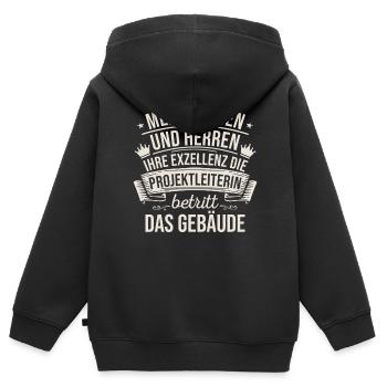 Die Projektleiterin Betritt Das Gebäude - Kinder Premium Organic Zip Hoodie - Schwarz - Hinten - AI Model Kid Male (0cm)