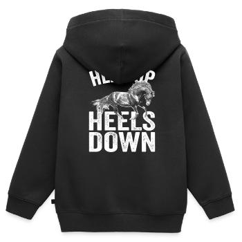 Tête haute talons vers le bas Cavalier Équitation Cheval - Sweat Premium à capuche zippé enfant bio - noir - Dos - AI Model Kid Male (0cm)