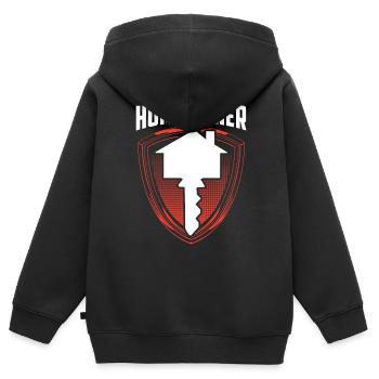 Propriétaire Propriétaire Maison Hôte - Sweat Premium à capuche zippé enfant bio - noir - Dos - AI Model Kid Male (0cm)