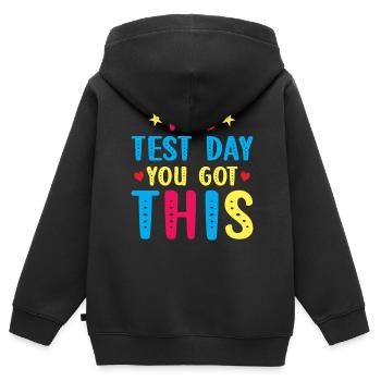 Test Day Kids - C’est le jour du test que vous avez - Sweat Premium à capuche zippé enfant bio - noir - Dos - AI Model Kid Male (0cm)