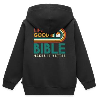 La vie est bonne, la Bible la rend meilleure - Sweat Premium à capuche zippé enfant bio - noir - Dos - AI Model Kid Male (0cm)
