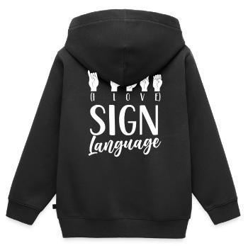 J’adore la sensibilisation aux signes en langue des signes - Sweat Premium à capuche zippé enfant bio - noir - Dos - AI Model Kid Male (0cm)