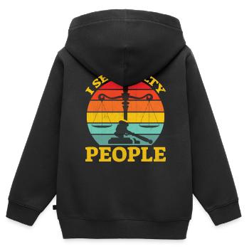 Slogan d’un avocat - Je vois des coupables - Sweat Premium à capuche zippé enfant bio - noir - Dos - AI Model Kid Male (0cm)