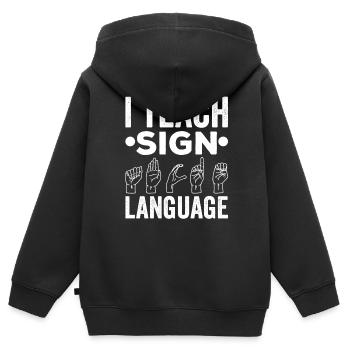 J’enseigne la conscience des signes en langue des signes - Sweat Premium à capuche zippé enfant bio - noir - Dos - AI Model Kid Male (0cm)