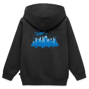 Skyline Unterwasserwelt mit Blauwal Stadt - Kinder Premium Organic Zip Hoodie - Schwarz - Hinten - AI Model Kid Male (0cm)
