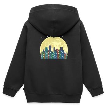 Skyline vor Mond und Satellit Gebäude Stadt - Kinder Premium Organic Zip Hoodie - Schwarz - Hinten - AI Model Kid Male (0cm)