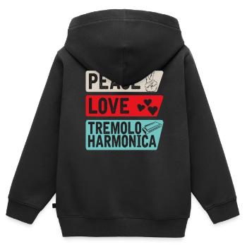 Peace Love Tremolo Harmonica Instrument - Sweat Premium à capuche zippé enfant bio - noir - Dos - AI Model Kid Male (0cm)