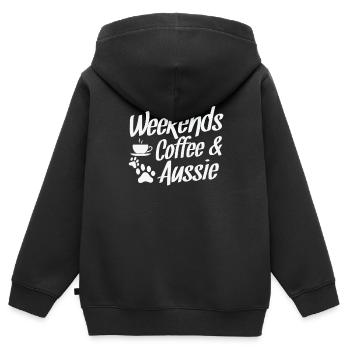 Week-ends Café et Berger Australien Aussie - Sweat Premium à capuche zippé enfant bio - noir - Dos - AI Model Kid Male (0cm)