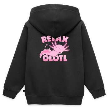 Relaxender Axolotl Wortwitz: Relaxolotl - Kinder Premium Organic Zip Hoodie - Schwarz - Hinten - AI Model Kid Male (0cm)