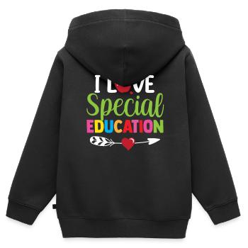 J’aime l’éducation spécialisée Enseignante en éducation spécialisée - Sweat Premium à capuche zippé enfant bio - noir - Dos - AI Model Kid Male (0cm)