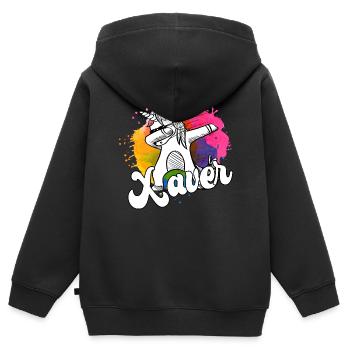 XAVER - Beau nom de garçon avec licorne cool - Sweat Premium à capuche zippé enfant bio - noir - Dos - AI Model Kid Male (0cm)