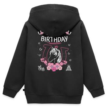 Anniversaire des chevaux - Les filles montent des fers à cheval - Sweat Premium à capuche zippé enfant bio - noir - Dos - AI Model Kid Male (0cm)