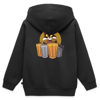 Waschbär trommelt mit Mülleimern - Waschbär - Kinder Premium Organic Zip Hoodie - Schwarz - Hinten - AI Model Kid Male (0cm)