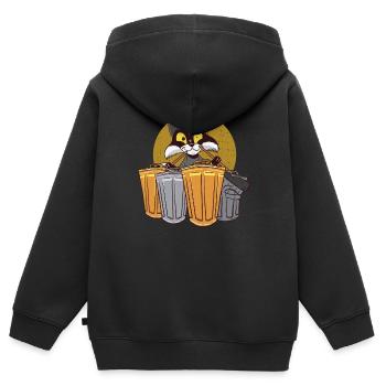 Waschbär trommelt mit Mülleimern - Waschbär - Kinder Premium Organic Zip Hoodie - Schwarz - Hinten - AI Model Kid Male (0cm)