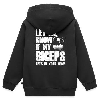 Sag Mir Bescheid Wenn Mein Bizeps Dir Im Weg Ist - Kinder Premium Organic Zip Hoodie - Schwarz - Hinten - AI Model Kid Male (0cm)