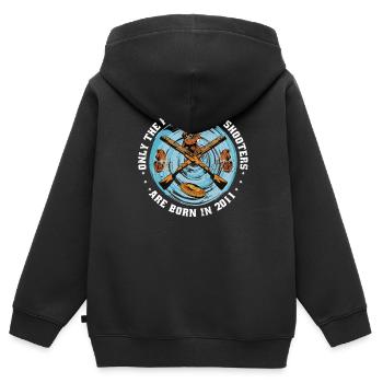 Pigeons d’argile nés 2011 anniversaire - Sweat Premium à capuche zippé enfant bio - noir - Dos - AI Model Kid Male (0cm)