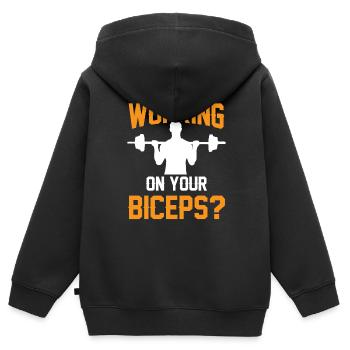 Travaillez vos biceps, vos biceps, vos boucles, vos muscles - Sweat Premium à capuche zippé enfant bio - noir - Dos - AI Model Kid Male (0cm)