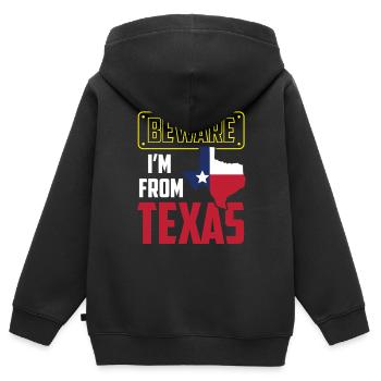 Attention: Je suis du Texas Texan Texan - Sweat Premium à capuche zippé enfant bio - noir - Dos - AI Model Kid Male (0cm)