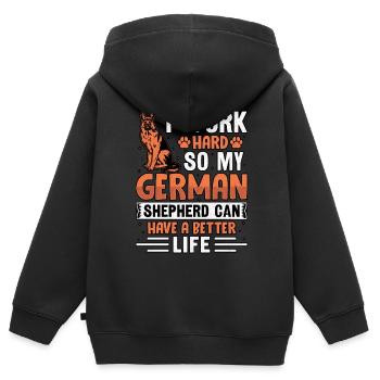 Ich arbeite hart, damit mein Schäferhund ein besseres Leben haben kann - Kinder Premium Organic Zip Hoodie - Schwarz - Hinten - AI Model Kid Male (0cm)
