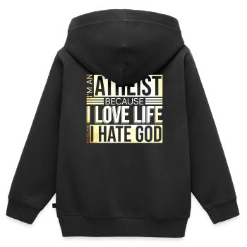Athée, parce que la vie n’aime pas Dieu déteste l’athée - Sweat Premium à capuche zippé enfant bio - noir - Dos - AI Model Kid Male (0cm)