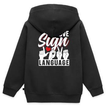 J’adore la sensibilisation aux signes en langue des signes - Sweat Premium à capuche zippé enfant bio - noir - Dos - AI Model Kid Male (0cm)