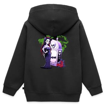 Goth Pin Up Girl debout à côté d’une tombe - Gothique - Sweat Premium à capuche zippé enfant bio - noir - Dos - AI Model Kid Male (0cm)