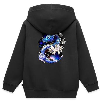 Dragon, Fleurs, Fantaisie, Galaxie, Style en détresse - Sweat Premium à capuche zippé enfant bio - noir - Dos - AI Model Kid Male (0cm)