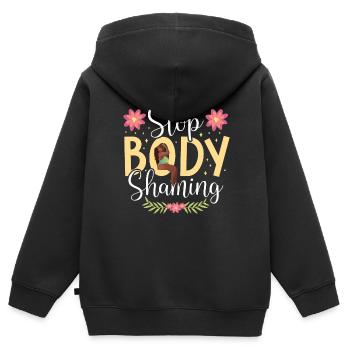 Plus de body shaming Bodyshaming agacement - Sweat Premium à capuche zippé enfant bio - noir - Dos - AI Model Kid Male (0cm)