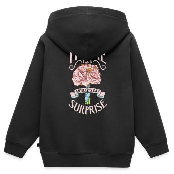 Avec des fleurs - Je suis la surprise de la fête des mères - Sweat Premium à capuche zippé enfant bio - noir - Dos - AI Model Kid Male (0cm)