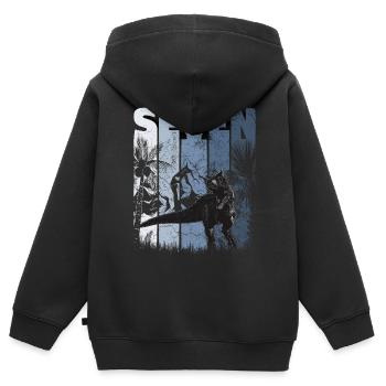 Carnotaurus 7 ans Dino 7ème anniversaire - Sweat Premium à capuche zippé enfant bio - noir - Dos - AI Model Kid Male (0cm)
