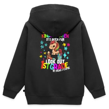 Horse Bye-bye Kindergarten: Inscription 1ère année - Sweat Premium à capuche zippé enfant bio - noir - Dos - AI Model Kid Male (0cm)