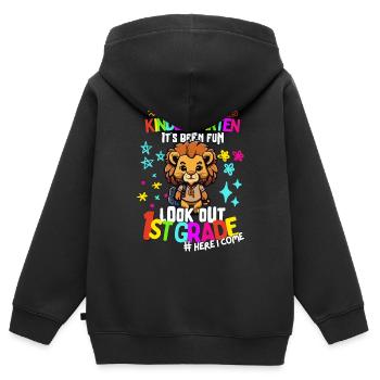 Löwe Tschüss Kindergarten: Einschulung 1. Klasse - Kinder Premium Organic Zip Hoodie - Schwarz - Hinten - AI Model Kid Male (0cm)