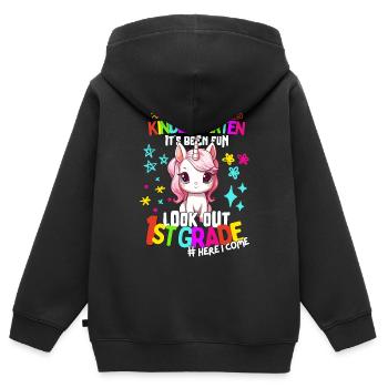 Einhorn Tschüss Kindergarten Einschulung 1. Klasse - Kinder Premium Organic Zip Hoodie - Schwarz - Hinten - AI Model Kid Male (0cm)