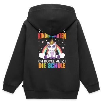 Tschüss Kindergarten Ich rocke jetzt die Schule - Kinder Premium Organic Zip Hoodie - Schwarz - Hinten - AI Model Kid Male (0cm)