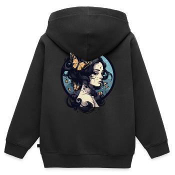 Gothic Frau mit orangenen Schmetterlingen Mystisch - Kinder Premium Organic Zip Hoodie - Schwarz - Hinten - AI Model Kid Male (0cm)