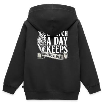 Une gravure par jour chasse l’ennui - - Sweat Premium à capuche zippé enfant bio - noir - Dos - AI Model Kid Male (0cm)