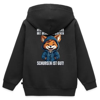 Süßer Cartoon Fuchs: "Heute Menschen schubsen" - Kinder Premium Organic Zip Hoodie - Schwarz - Hinten - AI Model Kid Male (0cm)