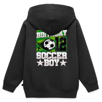 12e anniversaire Garçon Soccer 12 ans Cadeaux - Sweat Premium à capuche zippé enfant bio - noir - Dos - AI Model Kid Male (0cm)
