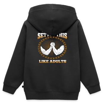 Armdrücken - Kinder Premium Organic Zip Hoodie - Schwarz - Hinten - AI Model Kid Male (0cm)