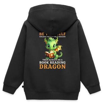 "Always Be Yourself" - Bücher lesen Grüner Drachen - Kinder Premium Organic Zip Hoodie - Schwarz - Hinten - AI Model Kid Male (0cm)