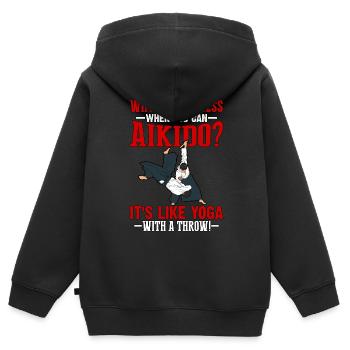 Pourquoi faire du développé couché quand on sait faire de l’Aïkido ? - Sweat Premium à capuche zippé enfant bio - noir - Dos - AI Model Kid Male (0cm)