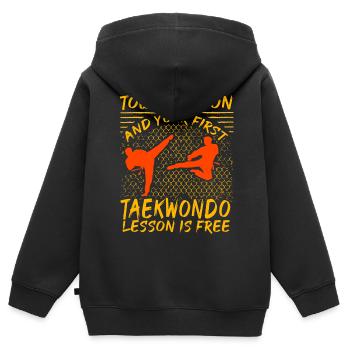 Berühre meinen Sohn und deine erste Taekwondo-Lektion ist - Kinder Premium Organic Zip Hoodie - Schwarz - Hinten - AI Model Kid Male (0cm)