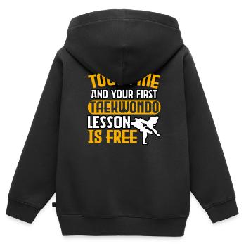 Berühre mich und deine erste Taekwondo-Lektion ist kostenlos - Kinder Premium Organic Zip Hoodie - Schwarz - Hinten - AI Model Kid Male (0cm)