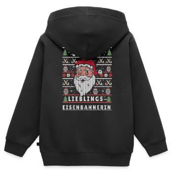 Noël moche LE CHEMINOT PRÉFÉRÉ DU PÈRE NOËL - Sweat Premium à capuche zippé enfant bio - noir - Dos - AI Model Kid Male (0cm)