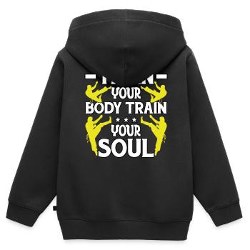 Trainiere deinen Körper, trainiere deine Seele - Kinder Premium Organic Zip Hoodie - Schwarz - Hinten - AI Model Kid Male (0cm)