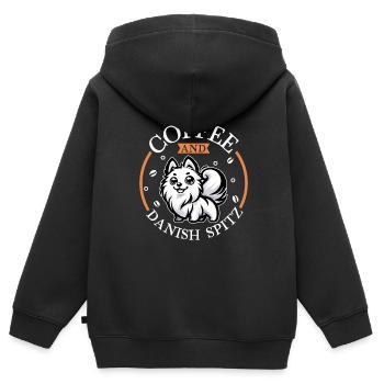 Café et Spitz danois - Sweat Premium à capuche zippé enfant bio - noir - Dos - AI Model Kid Male (0cm)