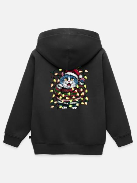 Cat Ugly Christmas Christmas Xmas Santa Claus - Kids Premium Organic Zip-up Hoodie - black