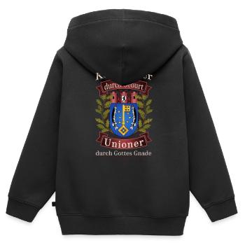 Köpenicker durch Geburt Unioner durch Gottes Gnade - Kinder Premium Organic Zip Hoodie - Schwarz - Hinten - AI Model Kid Male (0cm)