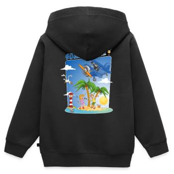 Image d’été colorée et joyeuse - Sweat Premium à capuche zippé enfant bio - noir - Dos - AI Model Kid Male (0cm)